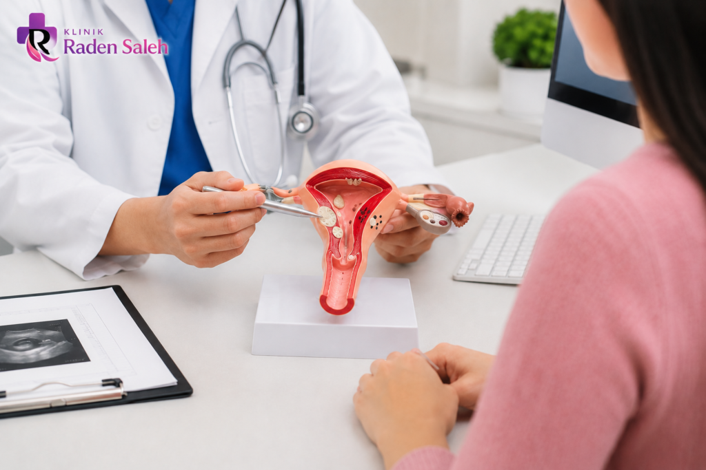 Dokter kandungan menjelaskan miom uteri menggunakan model anatomi rahim kepada pasien saat konsultasi